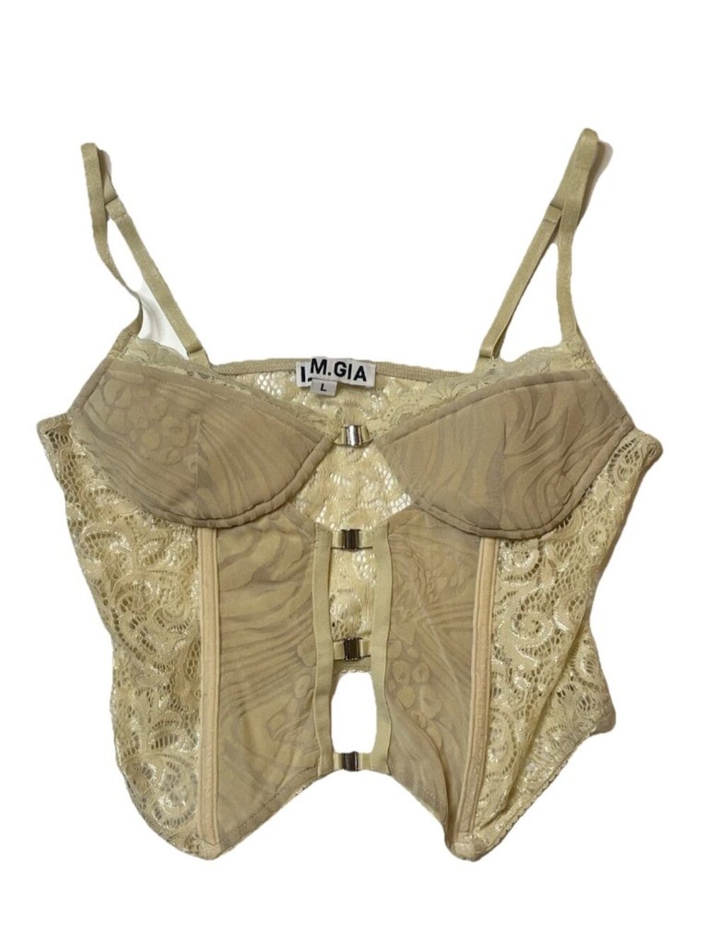 I.AM.GIA Size L Cream Lace Corset Bustier Top Hook Front Underwire Y2K